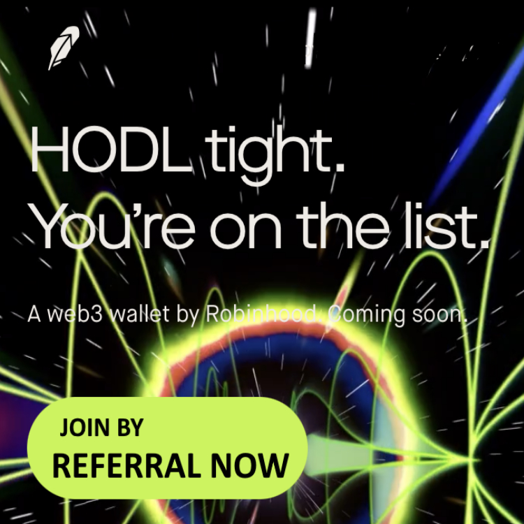 Robinhood psychedelic promo featuring referral for web3 wallet.