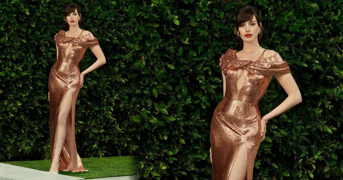 Anne Hathaway Donned A Thigh-High Slit Gown & Revived The Dark Red Lip Shade
