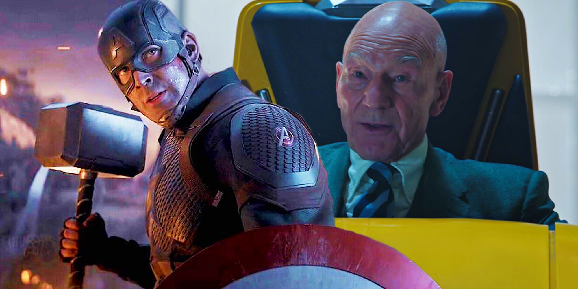 Captain America wielding Mjolnir and Professor X from Dr. Strange 2