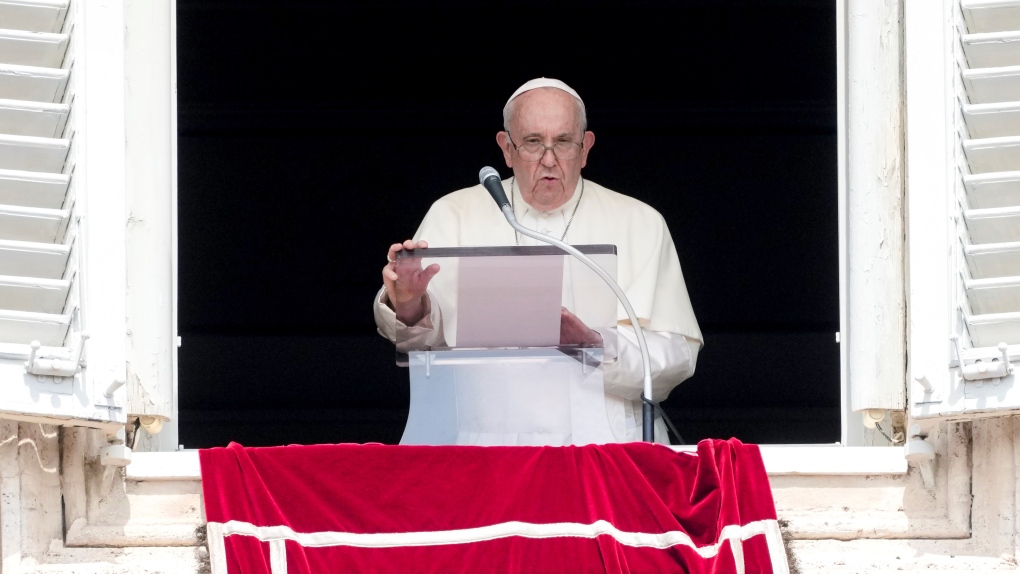Pope Francis delivers his speech as he recites the Angelus noon prayer from the window of his studio overlooking St.Peter's Square, at the Vatican, Sunday, Aug. 27, 2023. (AP Photo/Andrew Medichini)