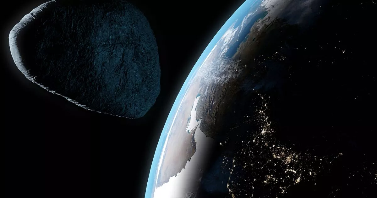 A 3d rendering of the asteroid Apophis passing by Earth